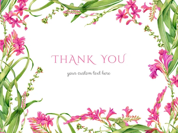 水彩の花のフレーム。カラフルなテキスト付きのカードありがとうございました。マゼンタの花のバナー。結婚式のデザイン、化粧品、広告のための現実的な植物イラスト — ストック写真