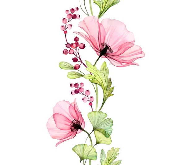 Aquarel Poppy naadloze rand. Verticaal repetitief patroon. Grote roze bloem met bladeren en bessen geïsoleerd op wit. Botanische illustratie voor kaarten, bruiloft ontwerp — Stockfoto