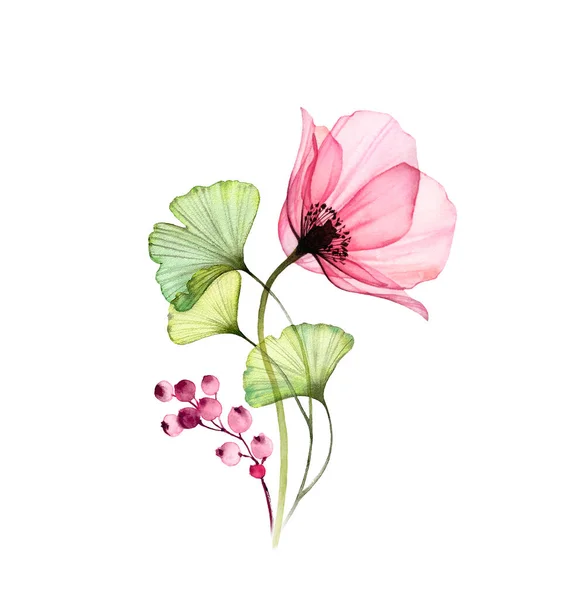 Arranjo Aquarela Rosa. Grande flor rosa com folhas de ginkgo e bagas isoladas em branco. Obra de arte pintada à mão com flor de raios X. Ilustração botânica para cartões, design de casamento — Fotografia de Stock