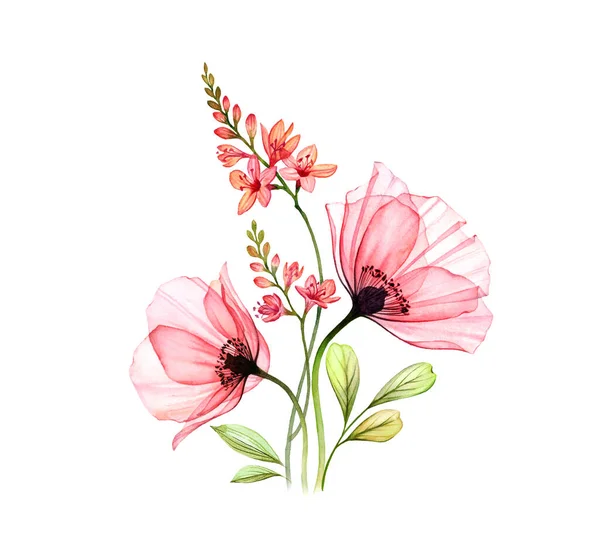 水彩ポピー花束。葉が2枚の抽象的なピンク色の花と白に孤立したフリジア。詳細な花弁で手描きのアートワーク。カード、結婚式のデザインのための植物イラスト — ストック写真