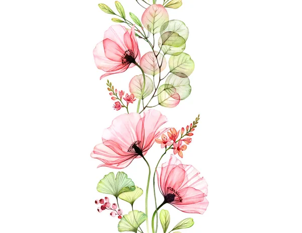 Akvarell vallmo sömlös gräns. Vertikalt repetitivt mönster. Abstrakt rosa blommor med blad och fresia grenar på vitt. Botanisk illustration för kort, bröllopsdesign — Stockfoto