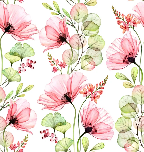 Aquarelle motif floral sans couture. Poppies abstraits, feuilles et plantes fresia. Fond isolé dessiné à la main avec des fleurs colorées pour la conception de papier peint, textile, tissu — Photo