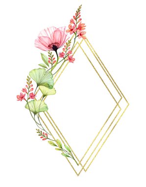 Çiçek desenli suluboya. Dikey altın parıltılı çınar. Canlı bahar çiçekleri ve mesajlaşma yeri. Logo ve düğün kırtasiyesi için el boyaması bahar çizimi