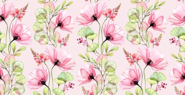 Suluboya kusursuz desen. Soyut popp çiçekleri, yapraklar ve frezya bitkisi. Pembe çiçekli arka plan. Duvar kağıdı tasarımı, tekstil ve kumaş için renkli çiçeklerle elle boyanmış resimler.