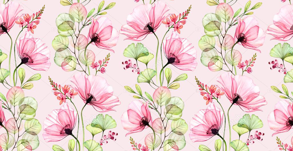 Watercolor seamless pattern. Abstract popp flowers, leaves and fresia plant. Pink floral background. Hand painted illustration with colourful flowers for wallpaper design, textile, fabric