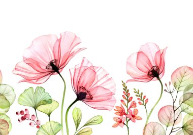 Suluboya Poppy kusursuz sınır. Yatay yinelemeli desen. Beyaz yapraklı ve frezya dallı soyut pembe çiçekler. Kartlar için botanik illüstrasyon, düğün tasarımı