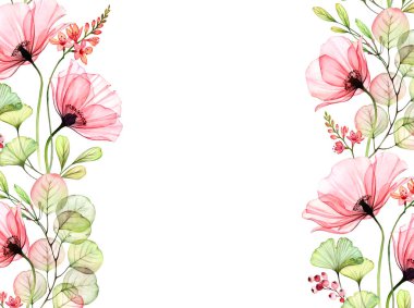 Kenarları olan suluboya çiçekli bir arka plan. Şeffaf haşhaş ve okaliptüs yaprakları. Düğün tasarımı için büyük çiçeklerle izole edilmiş el yazısı, kırtasiye kağıdı baskısı