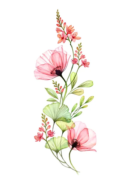 수채화 꽃꽂이. 수직적 디자인 요소입니다. 추상적 인 커다란 양귀비 꽃 과 이색적 인 프리 지아가 흰색으로 분리되어 있다. 카드에 대한 식물학적 삽화, 결혼식 디자인, 화장품 — 스톡 사진