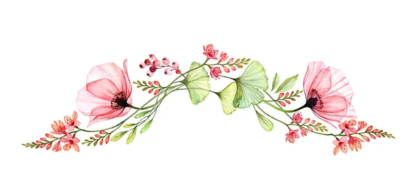 Acquerello bordo floreale. Elemento di design orizzontale lungo a forma di arco. Due grandi fiori di papavero con fresia esotica e gingko isolati su bianco. Illustrazione botanica per carte, disegno di nozze — Foto Stock