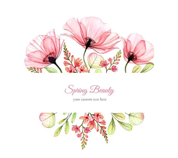 水彩花横幅。花束，野花，玫瑰，罂粟，叶子。用于婚礼文具设计的带有自定义文本的卡片模板. — 图库照片