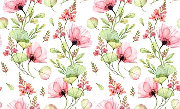 Aquarelle motif floral sans couture. Fleurs de rose abstraites, feuilles de gingko et plante fresia. Isolé fond dessiné à la main pour la conception de papier peint, textile, tissu — Photo