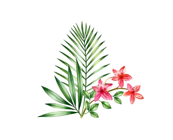 Ramo tropical de acuarela. Arreglo floral con flores vibrantes y hojas de palma. Plantas exóticas coloridas aisladas en blanco. Ilustración botánica dibujada a mano —  Fotos de Stock