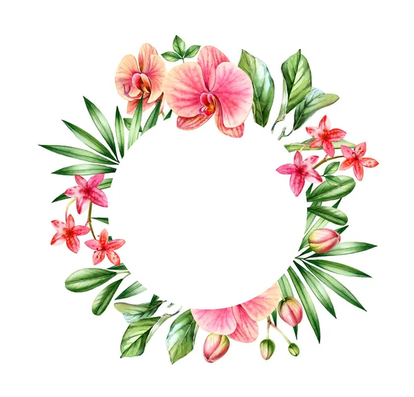 Watercolor floral background. Orange orchids and palm leaves arrangement. Round frame with place for text. Hand painted tropical background for cards. Botanical illustrations isolated on white. — Stock Photo, Image