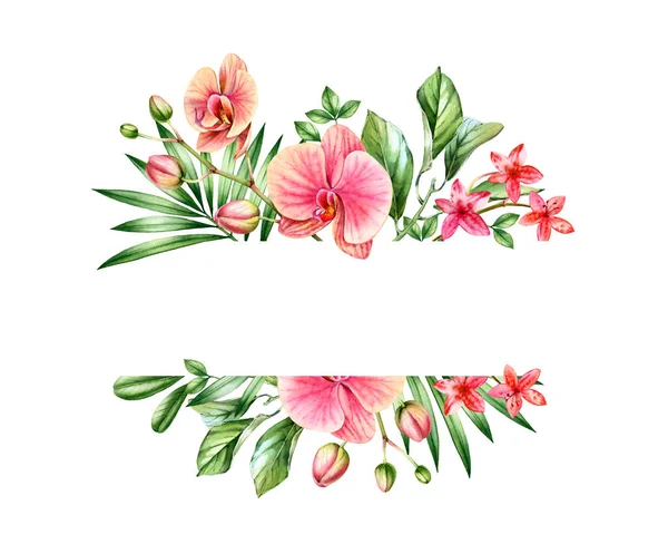 Banner floral de acuarela. Orquídeas rosadas y arreglo de hojas de palma. Marco horizontal con lugar para texto. Fondo tropical pintado a mano para tarjetas. Ilustraciones botánicas aisladas en blanco . —  Fotos de Stock