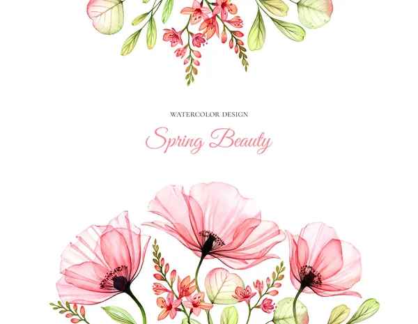 Aquarelle fond floral avec place pour le texte. Bordure en haut et en bas. Fleurs transparentes de champ de pavot. Illustration isolée dessinée à la main — Photo