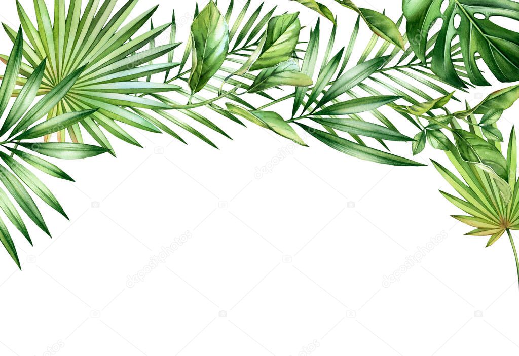 Watercolor tropical background. Arch with palm and monstera leaves, place for text. Hand painted horizontal A5 card template. Realistic botanical illustrations isolated on white
