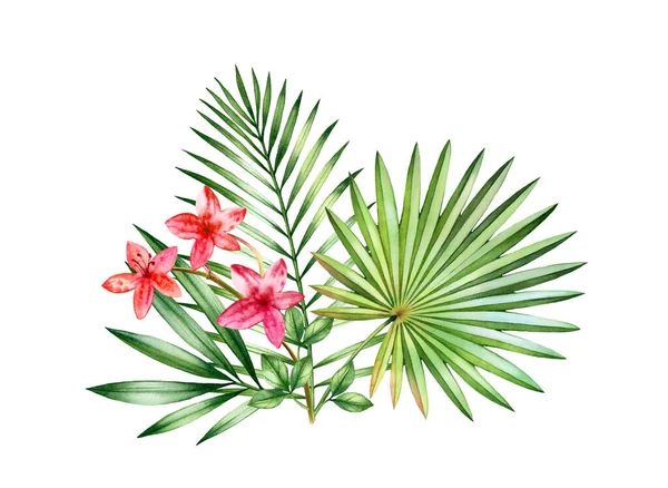 Ramo tropical de acuarela. Arreglo floral con pequeñas flores de orquídea y grandes hojas de palmera. Plantas exóticas coloridas aisladas en blanco. Ilustración botánica dibujada a mano —  Fotos de Stock