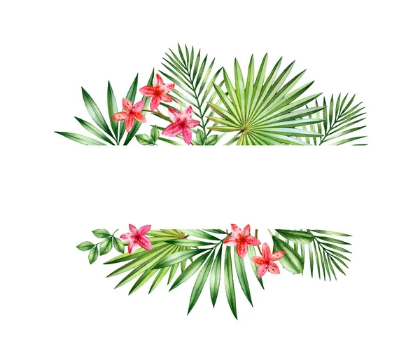 Watercolor floral banner. Small red orchids and palm leaves arrangement. Horizontal frame with place for text. Hand painted tropical background for cards. Botanical illustrations isolated on white. — Stock Photo, Image
