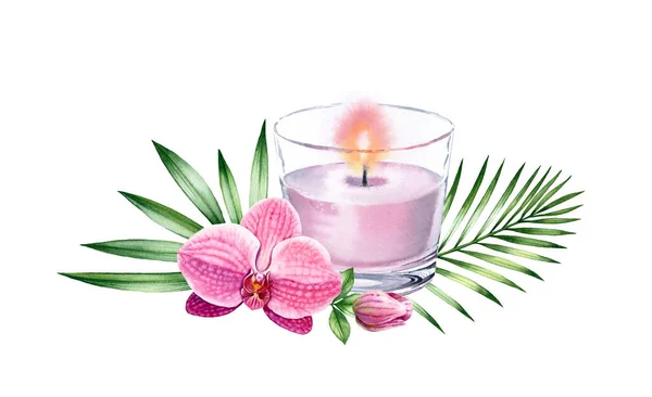 Acuarela arreglo de velas. Flor de orquídea rosa y hojas tropicales. Pintura de vidrio rosa. Spa y productos cosméticos aislados sobre fondo blanco. Ilustración realista dibujada a mano —  Fotos de Stock