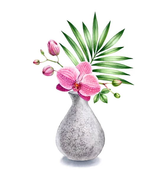 Βάζο ακουαρέλας με λουλούδια ορχιδέας. Τροπικό μπουκέτο με φύλλα φοίνικα. Εσωτερική διακόσμηση από γκρίζα πέτρα. Ρεαλιστική απεικόνιση απομονωμένη σε λευκό φόντο — Φωτογραφία Αρχείου