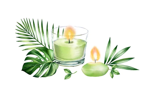 Arranjo de velas aquarela. Duas velas verdes e palma, folhas monstera. Pintura de vidro realista. Spa e produtos cosméticos isolados sobre fundo branco. Ilustração detalhada desenhada à mão — Fotografia de Stock