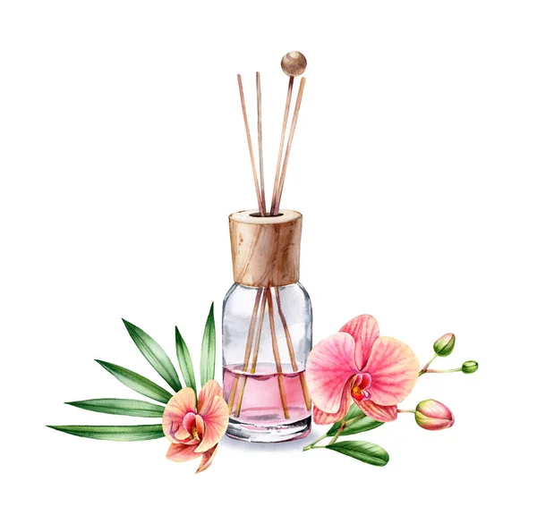 Υδατογραφία Air αναζωογονητικό μπουκάλι τροπικό άρωμα. Σύνθεση λουλουδιού με κλαδί ορχιδέας ροδάκινου. Ροζ υγρό με ξύλινα ραβδιά. Spa και καλλυντικά προϊόντα που απομονώνονται σε λευκό — Φωτογραφία Αρχείου