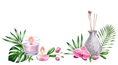 Suluboya SPA geçmişi. Orkide çiçekleri, tropik yapraklar ve aroma mumlarıyla tazeleyici. Yatay afiş, mesaj için yer var. Beyazda izole edilmiş gerçekçi illüstrasyon
