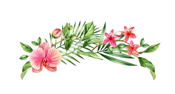 Arc d'orchidée aquarelle. Grandes fleurs tropicales orange et rose, feuilles de palmier. Couronne florale peinte à la main. Illustrations botaniques isolées sur blanc — Photo