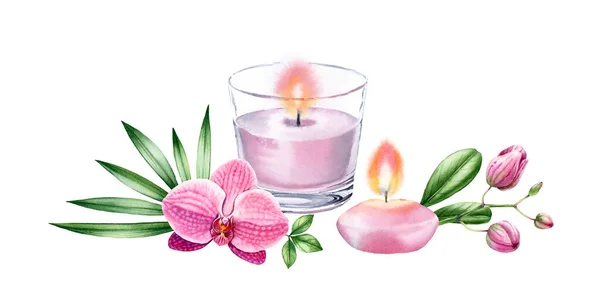 Velas aquarelas com flores tropicais. Orquídea rosa e folhas de palma. Spa e produtos cosméticos isolados sobre fundo branco. Ilustração desenhada à mão realista — Fotografia de Stock