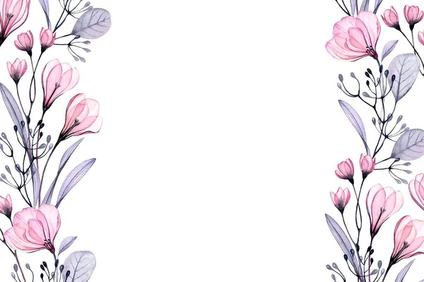Πανό λουλουδιών ακουαρέλα. Οριζόντια αφηρημένο φόντο με χώρο για κείμενο. Μεμονωμένη ζωγραφισμένη στο χέρι σημαία με μεγάλο τριαντάφυλλο και λουλούδια κρόκου — Φωτογραφία Αρχείου