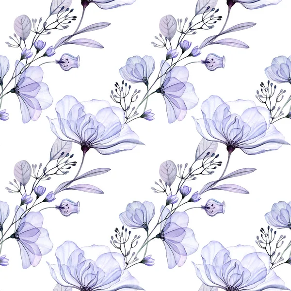 Acquerello floreale modello senza cuciture. Rose blu trasparenti in linee diagonali. Illustrazione disegnata a mano con grandi fiori viola per il disegno di nozze, superficie, tessile, carta da parati — Foto Stock