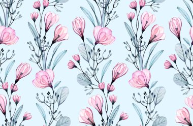 Çiçeksiz suluboya desen. Turkuaz arka planda küçük pembe güller ve kır çiçekleri. Düğün tasarımı, yüzey, tekstil, duvar kağıdı için soyut el çizimi çizimi