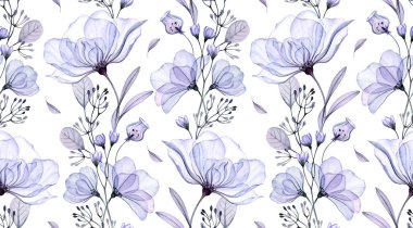 Çiçeksiz suluboya desen. Şeffaf mavi güller ve yapraklar. Düğün tasarımı, yüzey, tekstil, duvar kağıdı için büyük menekşe çiçekleriyle el çizimi