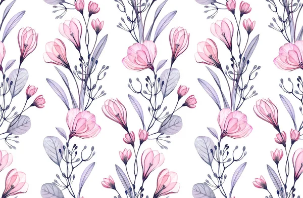 Watercolor floral seamless pattern. Small pink roses and crocus flowers. Abstract hand drawn illustration. Background for wedding design, surface, textile, wallpaper