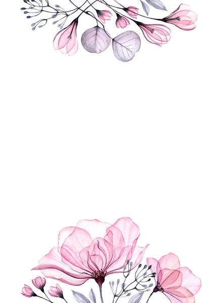 Πανό λουλουδιών ακουαρέλα. Κάθετη A5 κάρτα πρότυπο με θέση για κείμενο. Μεμονωμένο χέρι ζωγραφισμένο αφηρημένο φόντο με μεγάλο ροζ τριαντάφυλλο και κρόκους λουλούδια — Φωτογραφία Αρχείου