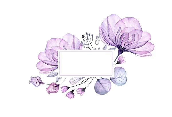 Акварельный цветочный баннер. Большая фиолетовая роза. Горизонтальная рамка и место для текста. Абстрактный фон для логотипа. Изолированная ручная иллюстрация для поздравительных открыток, свадебное приглашение — стоковое фото