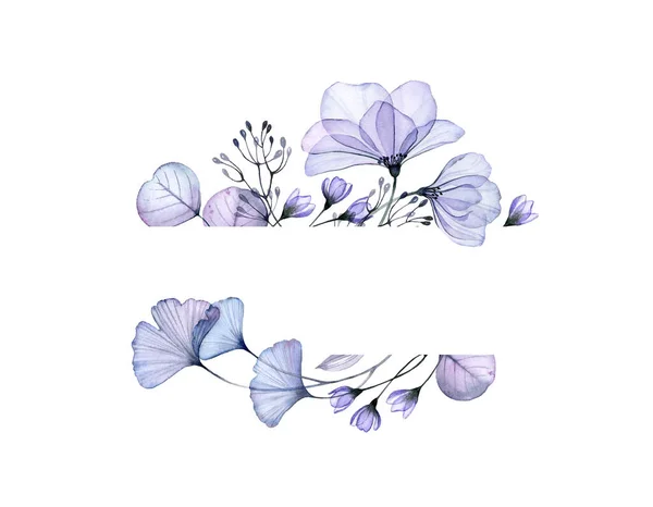 Акварельный цветочный баннер. Горизонтальная полоса с местом для текста. Абстрактный фон для логотипа. Изолированная ручная иллюстрация с голубыми фиолетовыми цветами и листьями — стоковое фото