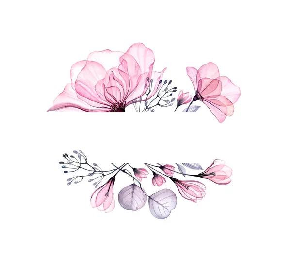 Bannière florale aquarelle. Fleurs roses transparentes et feuilles avec bande horizontale et place pour le texte. Fond abstrait pour logo. Illustration isolée dessinée à la main — Photo