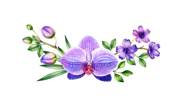 Akvarell trópusi csokor. Violet orchidea és pálmalevél koszorúelrendezésben. Kézzel festett trópusi háttér. Botanikai illusztrációk elszigetelt fehér — Stock Fotó