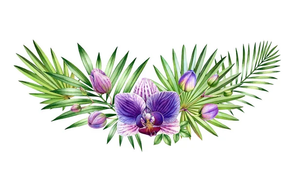 Aquarel Orchidee boog. Grote paarse bloemen, takken, palmbladeren. Met de hand geschilderd bloemen tropische achtergrond. Botanische illustraties geïsoleerd op wit — Stockfoto