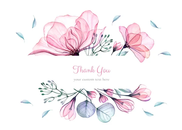 Modèle de carte florale aquarelle. Bouquet de grandes roses roses, feuilles turquoise. Merci texte personnalisé. Illustration isolée dessinée à la main avec fond abstrait pour logo, papeterie de mariage — Photo