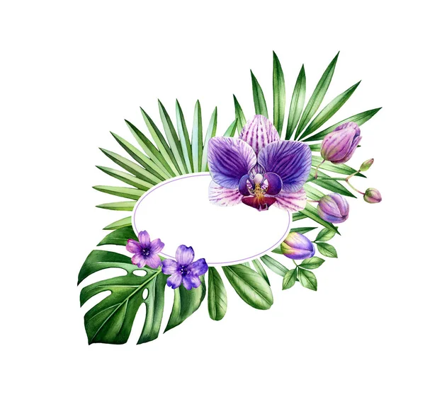 Akvarell virágos banner. Ovális keret helyet a szöveges. Nagy lila orchideavirág és szörnylevelek. Kézzel festett trópusi háttér logó és kártyák. Botanikai illusztrációk elszigetelt fehér — Stock Fotó