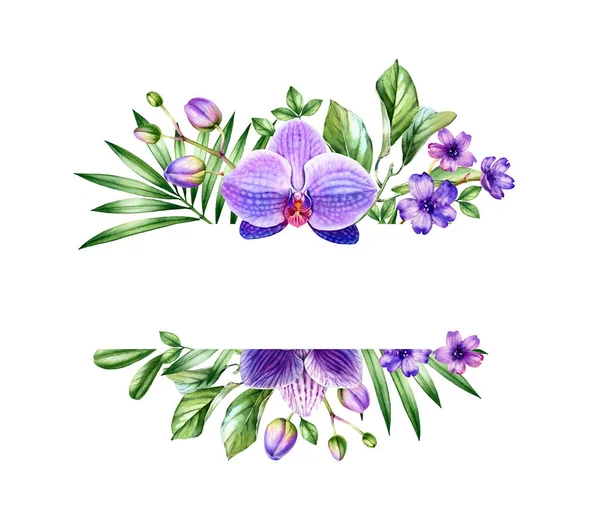 Aquarel bloemenbanier. Horizontaal frame met plaats voor tekst. Grote paarse orchidee bloem en palmbladeren. Handgeschilderde tropische achtergrond voor logo en kaarten. Botanische illustraties geïsoleerd op wit — Stockfoto