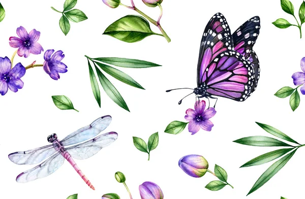 Akvarell tropiskt sömlöst mönster. Lila orkidé blommor och palmblad, fjärilar, trollsländor på vitt. Botanisk handritad blommig bakgrund för yta, textil, tapet design — Stockfoto