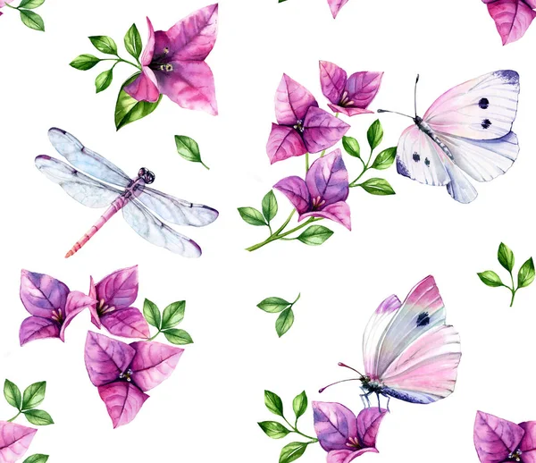 Aquarell florales nahtloses Muster. Pinkfarbene Bougainvillea-Baumblüten, Schmetterlinge, Libellen isolieren sich auf weißem Grund. Botanische Hand gezeichnet Sommer Hintergrund für Oberfläche, Textil, Tapeten-Design — Stockfoto