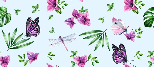 Patrón sin costura floral acuarela. Flores púrpuras, hojas tropicales, mariposas y libélulas sobre fondo azul claro. Patrón botánico dibujado a mano para la superficie, textil, diseño de papel pintado — Foto de Stock