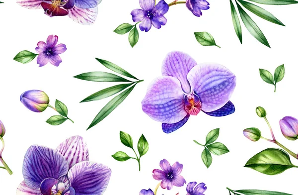 Acquerello floreale modello senza cuciture. Fiori di orchidea viola e foglie di palma, sul dorso scuro. Botanico disegnato a mano sfondo floreale per la superficie, tessile, disegno della carta da parati — Foto Stock