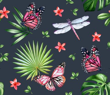 Suluboya kusursuz desen. Pembe kral kelebekleri, yusufçuklar ve koyu gri arka planda palmiye yaprakları. Yüzey, tekstil ve duvar kağıdı tasarımı için tropik botanik el çizimi