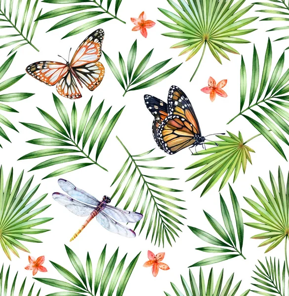Acquerello modello tropicale senza soluzione di continuità. Farfalle colorate, libellule e foglie di palma isolate su bianco. Botanico disegnato a mano sfondo floreale per la superficie, tessile, disegno della carta da parati — Foto Stock