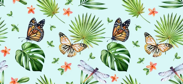 Acquerello floreale modello senza cuciture. Farfalle monarca, libellule e foglie di palma su sfondo azzurro. Illustrazione botanica tropicale disegnata a mano per la superficie, tessile, disegno della carta da parati — Foto Stock